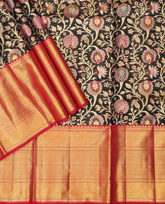 Black pure-silk half saree, meenakari floral jaal jacquard skirt, contrast border & blouse of geometric patterns & intricate dhavani