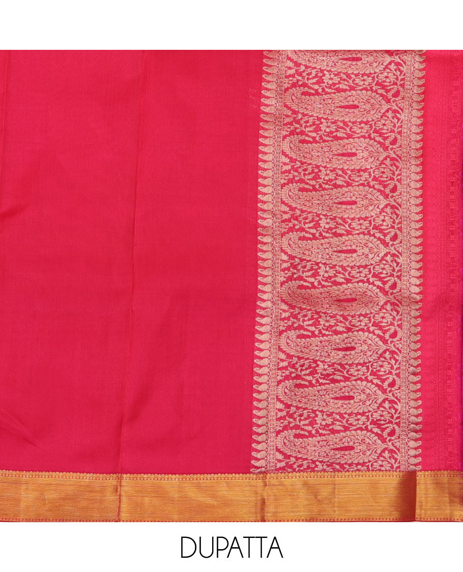 Black pure-silk half saree, meenakari floral jaal jacquard skirt, contrast border & blouse of geometric patterns & intricate dhavani