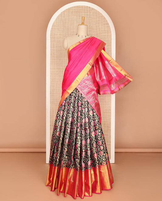 Black pure-silk half saree, meenakari floral jaal jacquard skirt, contrast border & blouse of geometric patterns & intricate dhavani