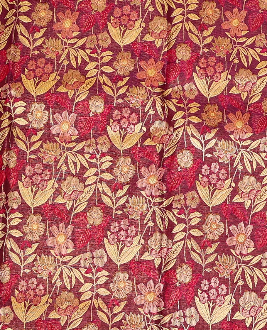 Maroon Pure Silk Half-Saree Woven with Floral Jacquard Design on Its Skirt, Complemented by a Contrast Meenakari Border Featuring Mayil and Yaanai Designs, Comes with a Contrast Jacquard Blouse and a Dhavani of Manga Designs