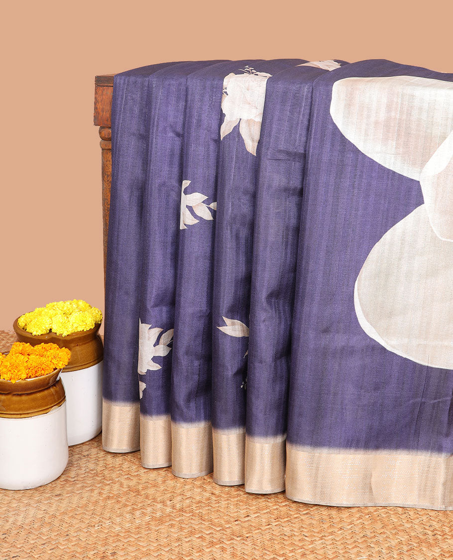 Navy blue digital floral print semi tussar Saree with bawanchi zari border & floral printed pallu , contrast printed blouse