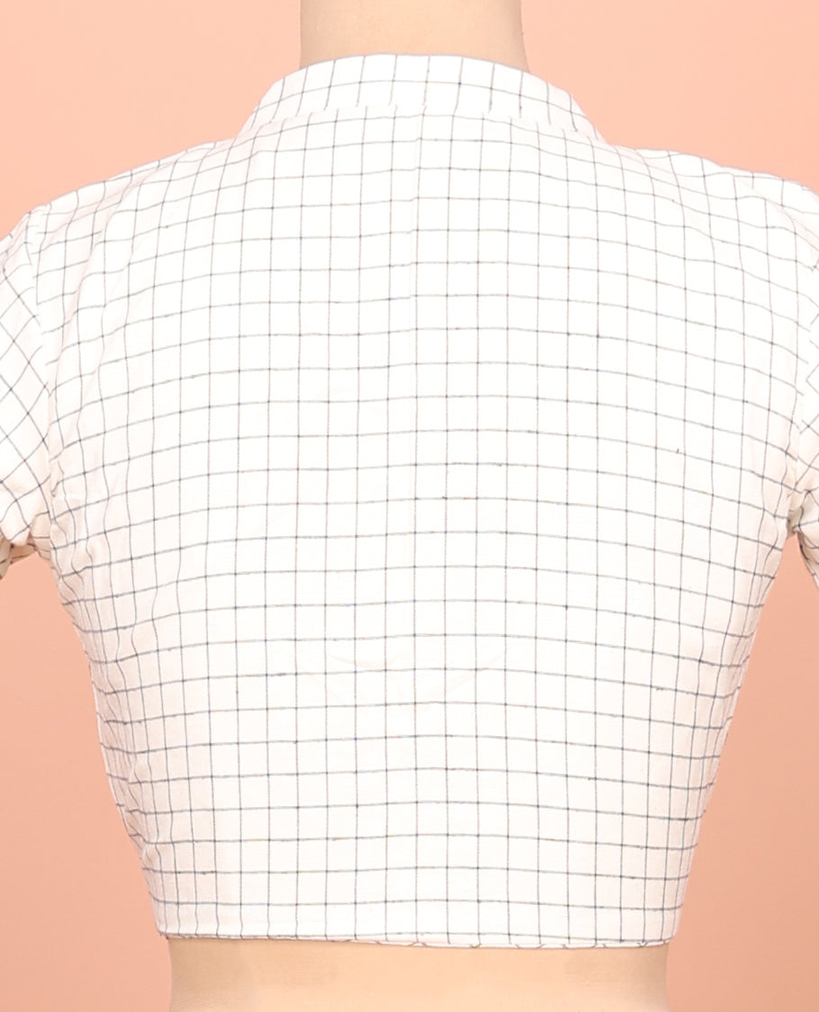 Cream Readymade Blouse, Subtly Sparkled with Checks, Featuring a Front Leaf-Neck, Back Collared-Neck, and Elbow Sleeves