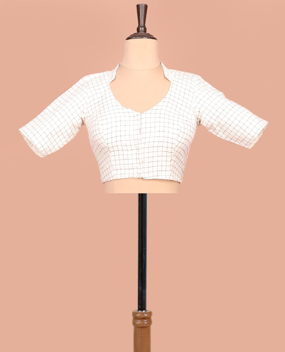 Cream Readymade Blouse, Subtly Sparkled with Checks, Featuring a Front Leaf-Neck, Back Collared-Neck, and Elbow Sleeves