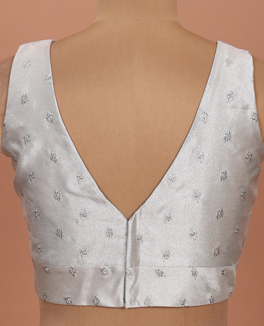 Sliver embroidered buttas front-back V-neck sleeveless readymade blouse