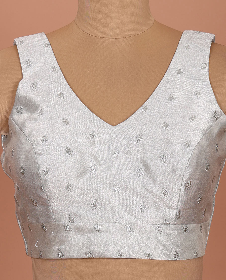 Sliver embroidered buttas front-back V-neck sleeveless readymade blouse