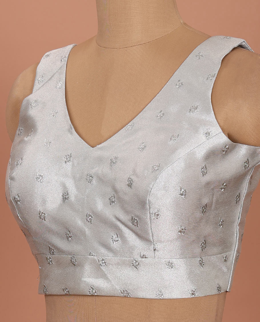 Sliver embroidered buttas front-back V-neck sleeveless readymade blouse