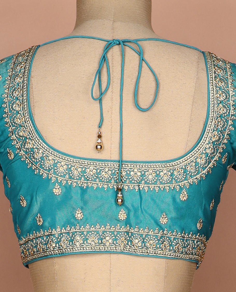 Blue thread embroidered round neck elbow sleeve raw silk readymade blouse