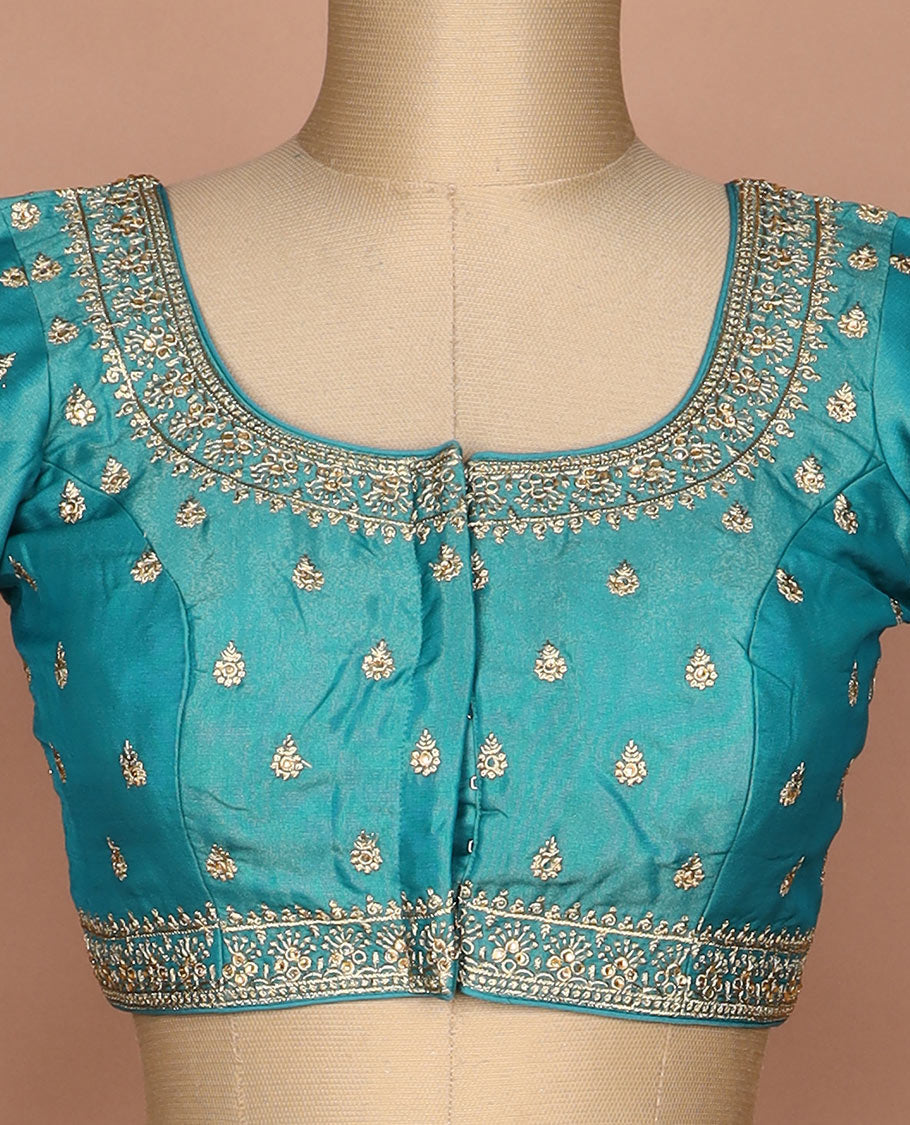 Blue thread embroidered round neck elbow sleeve raw silk readymade blouse