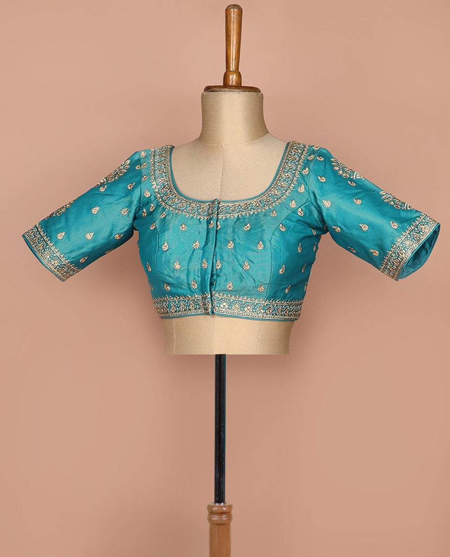 Blue thread embroidered round neck elbow sleeve raw silk readymade blouse