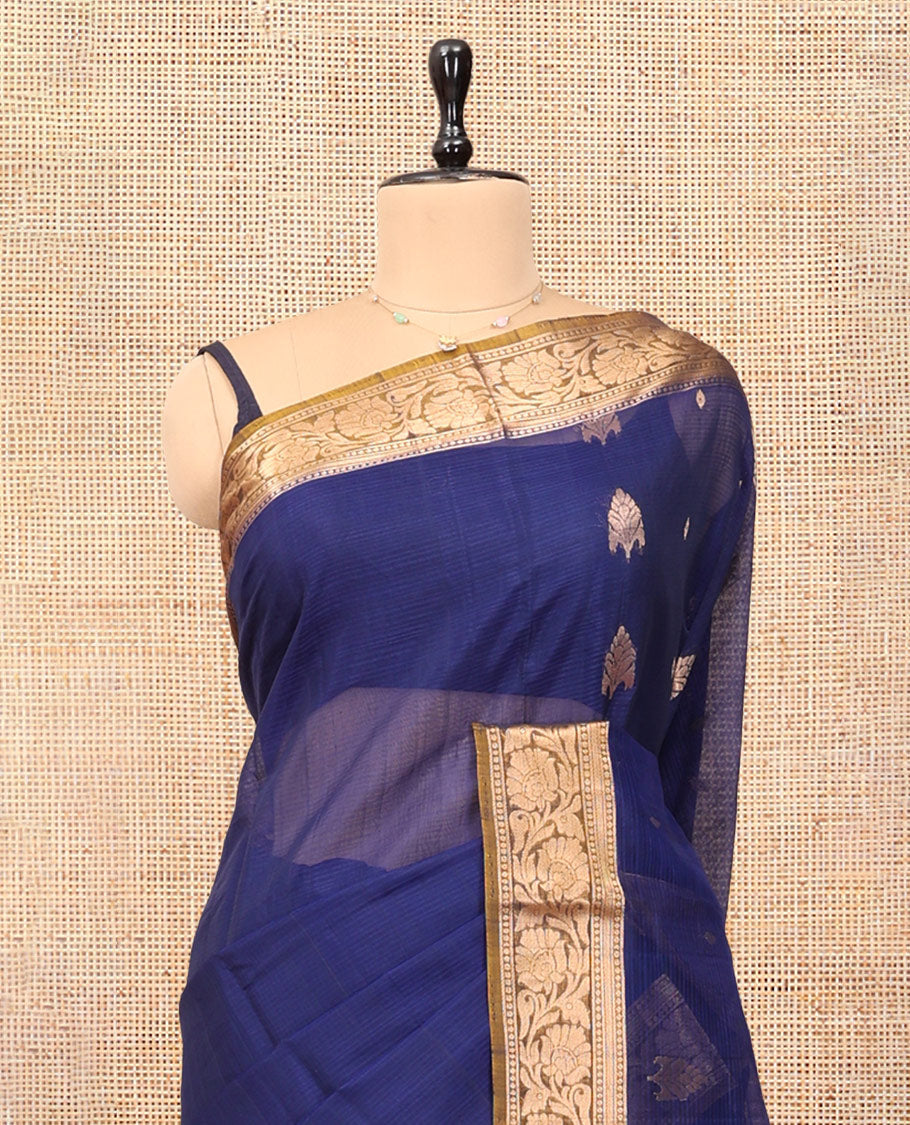 Blue Silk Cotton Saree, Finely Crafted with Zari Buttas, a Contrast Floral Creeper Border, Floral Pallu, and a Contrast Blouse