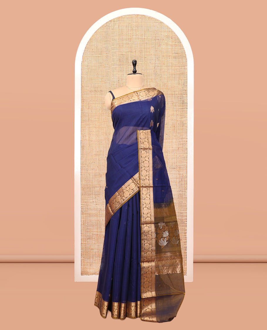 Blue Silk Cotton Saree, Finely Crafted with Zari Buttas, a Contrast Floral Creeper Border, Floral Pallu, and a Contrast Blouse