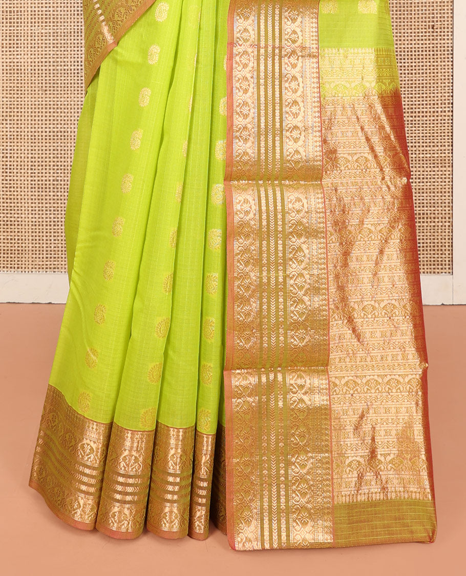 Green Silk Cotton Saree, Delicately Woven with Buttas, a Contrast Traditional Zari Design Border, Pallu of Intricate Designs, and Contrast Blouse