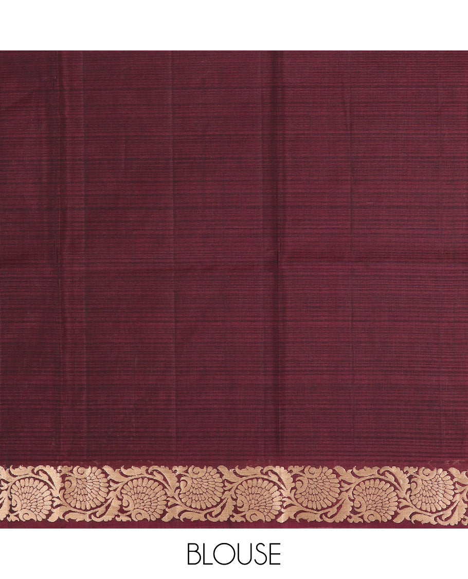 Grey Silk Cotton Saree Beautified with Buttas All Over the Body, Complemented by a Contrast Floral Creeper Zari Border, Featuring a Contrast Pallu of Floral Zari Designs, and Paired with a Contrast Blouse