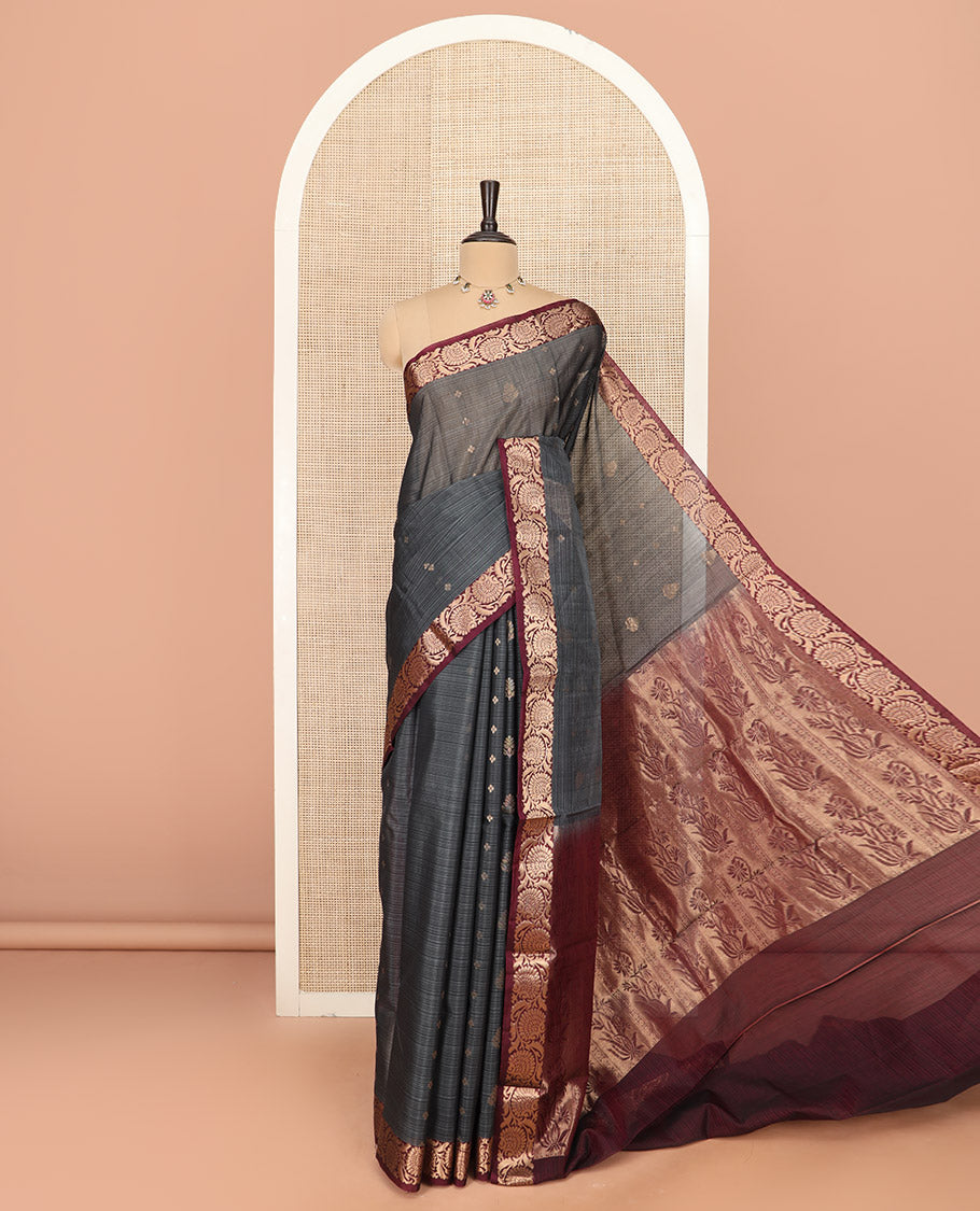 Grey Silk Cotton Saree Beautified with Buttas All Over the Body, Complemented by a Contrast Floral Creeper Zari Border, Featuring a Contrast Pallu of Floral Zari Designs, and Paired with a Contrast Blouse
