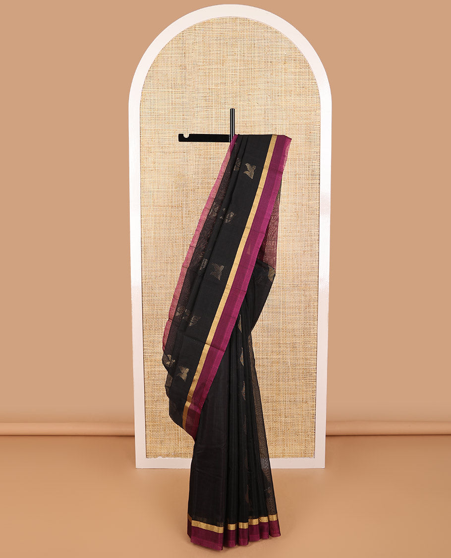 Black motifs silk cotton saree with contrast zari border & geometric design pallu