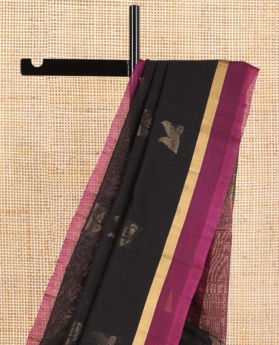 Black motifs silk cotton saree with contrast zari border & geometric design pallu