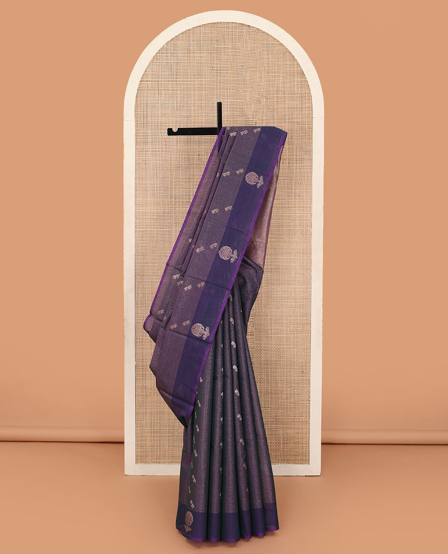 Blue zari buttas silk cotton saree, contrast zari floral motifs border, and zari rich jaal pallu