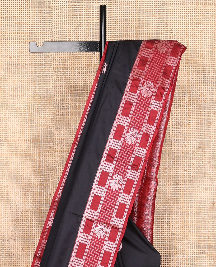 Black leaf motifs soft silk saree with contrast zari design border & floral design pallu