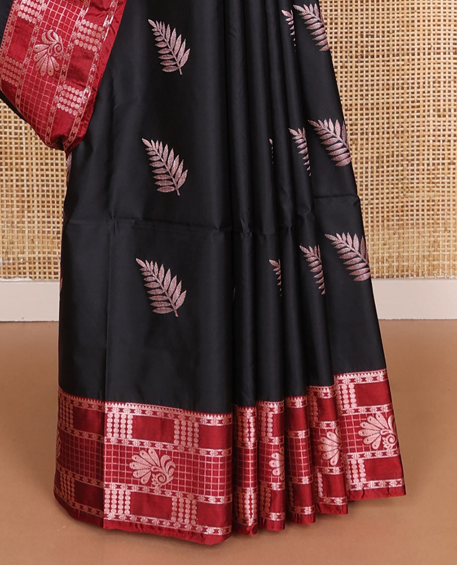 Black leaf motifs soft silk saree with contrast zari design border & floral design pallu