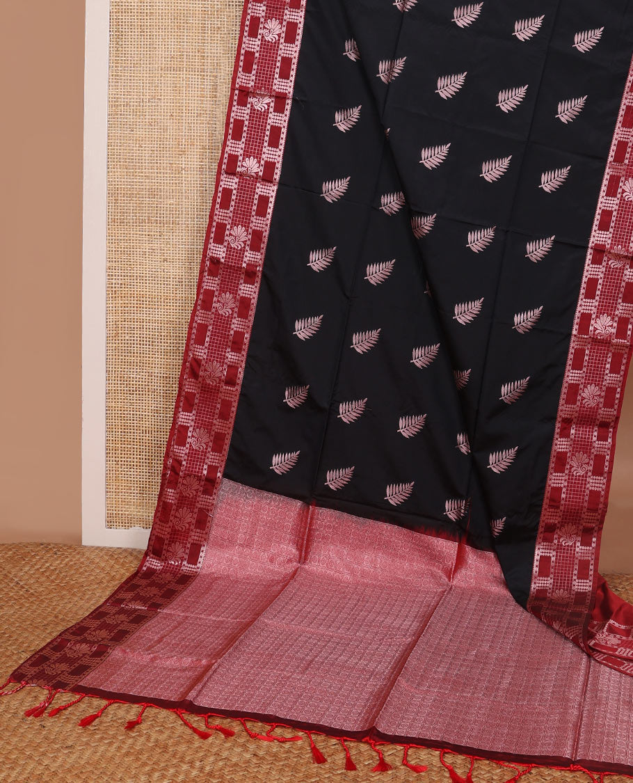 Black leaf motifs soft silk saree with contrast zari design border & floral design pallu