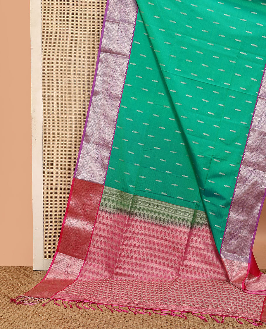 Green zari buttas soft silk saree, contrast traditional zari design woven border, and pallu of zari weave