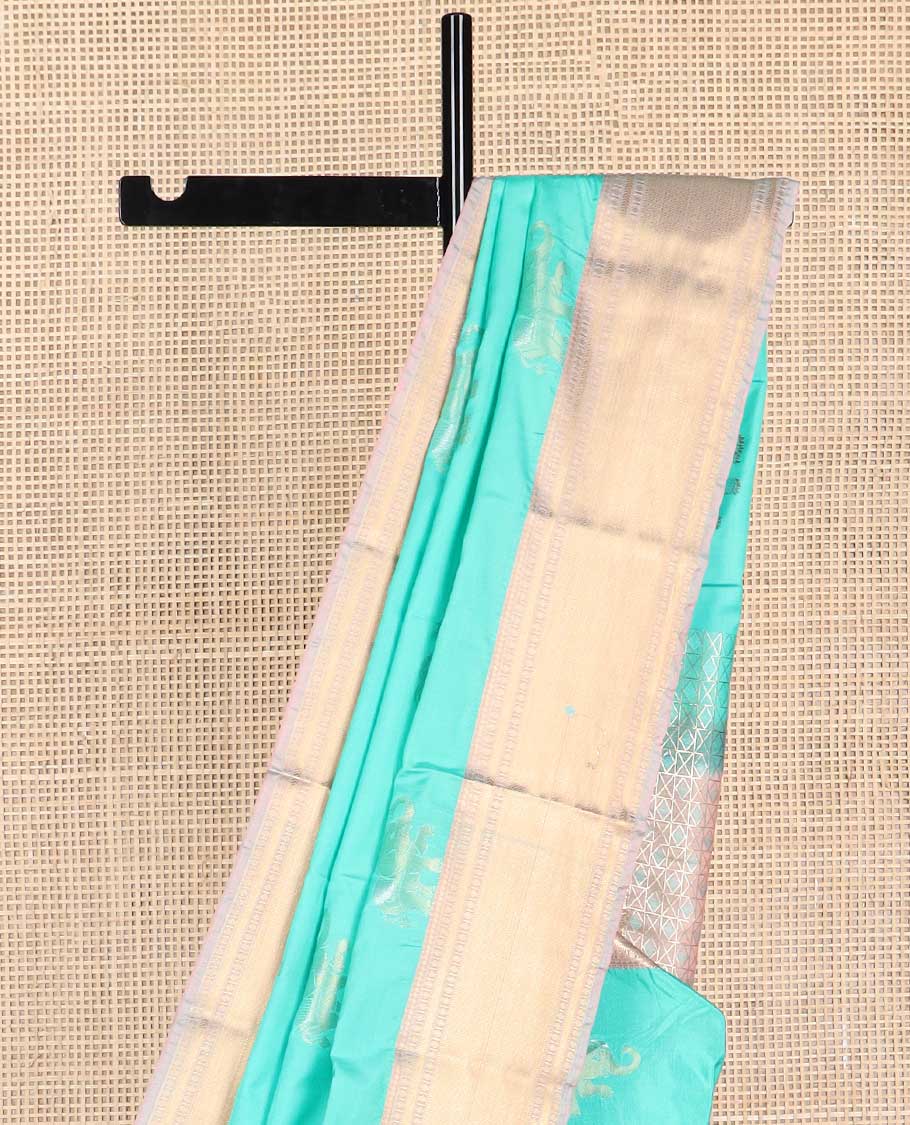 Sea blue elephant design soft silk saree with contrast zari design border & intricate zari design pallu