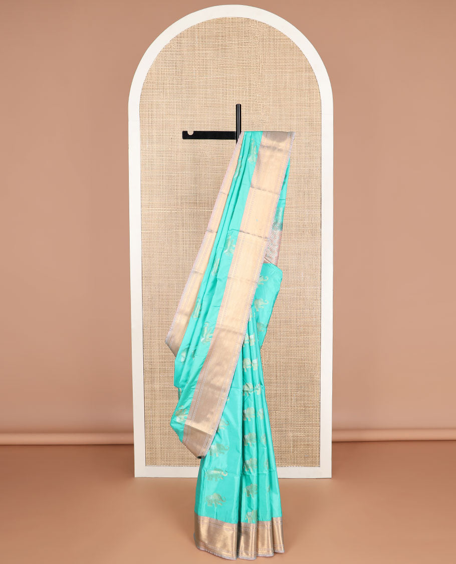 Sea blue elephant design soft silk saree with contrast zari design border & intricate zari design pallu