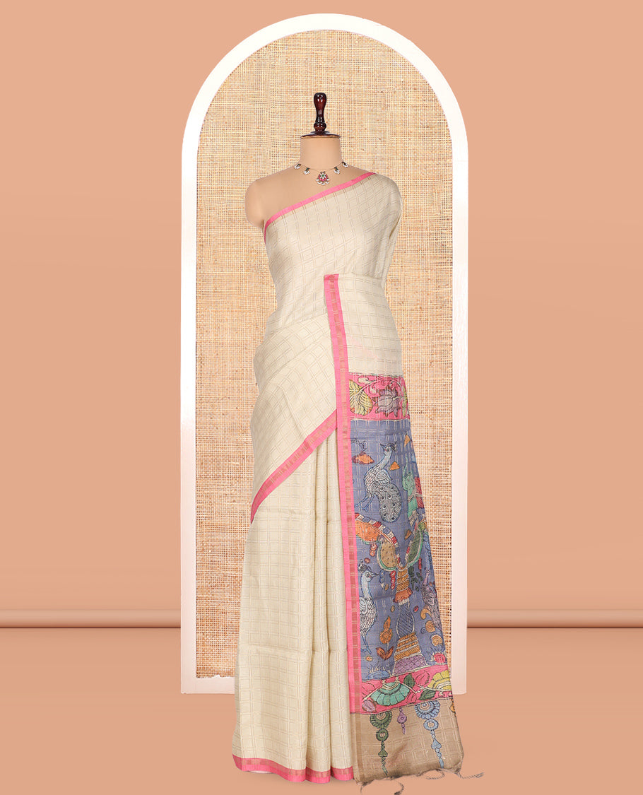 Cream Fancy Tussar Silk Saree, Embellished with Checked Design, Contrast Zari Piping Border, Pallu of Kalamkari Motifs, and Contrast Kalamkari Printed Blouse