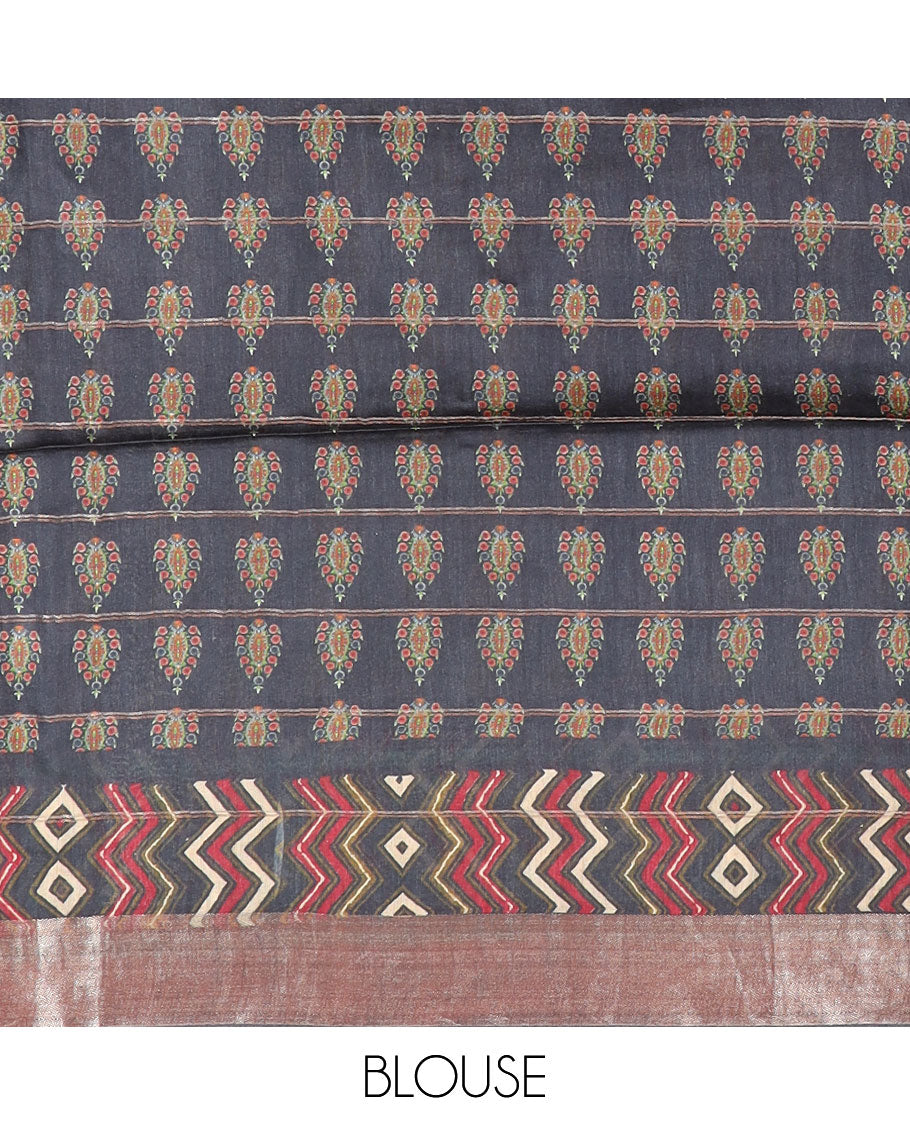 Yellow buttas enclosed, checked tussar silk saree, contrast plain border and Mughal floral printed pallu