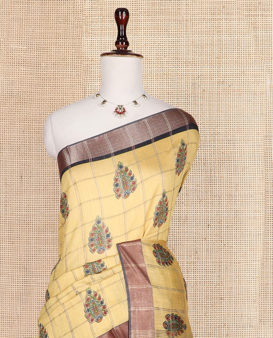 Yellow buttas enclosed, checked tussar silk saree, contrast plain border and Mughal floral printed pallu