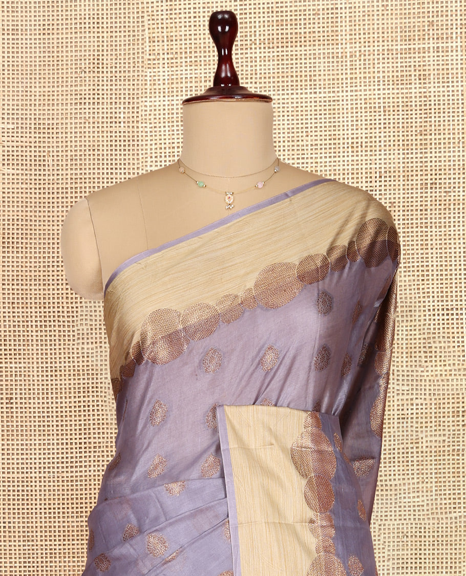 Grey Tusser Silk Saree, Accentuated with Zari Buttas, a Contrast Zari Border, Grandly Decked Up Pallu, and a Matching Blouse