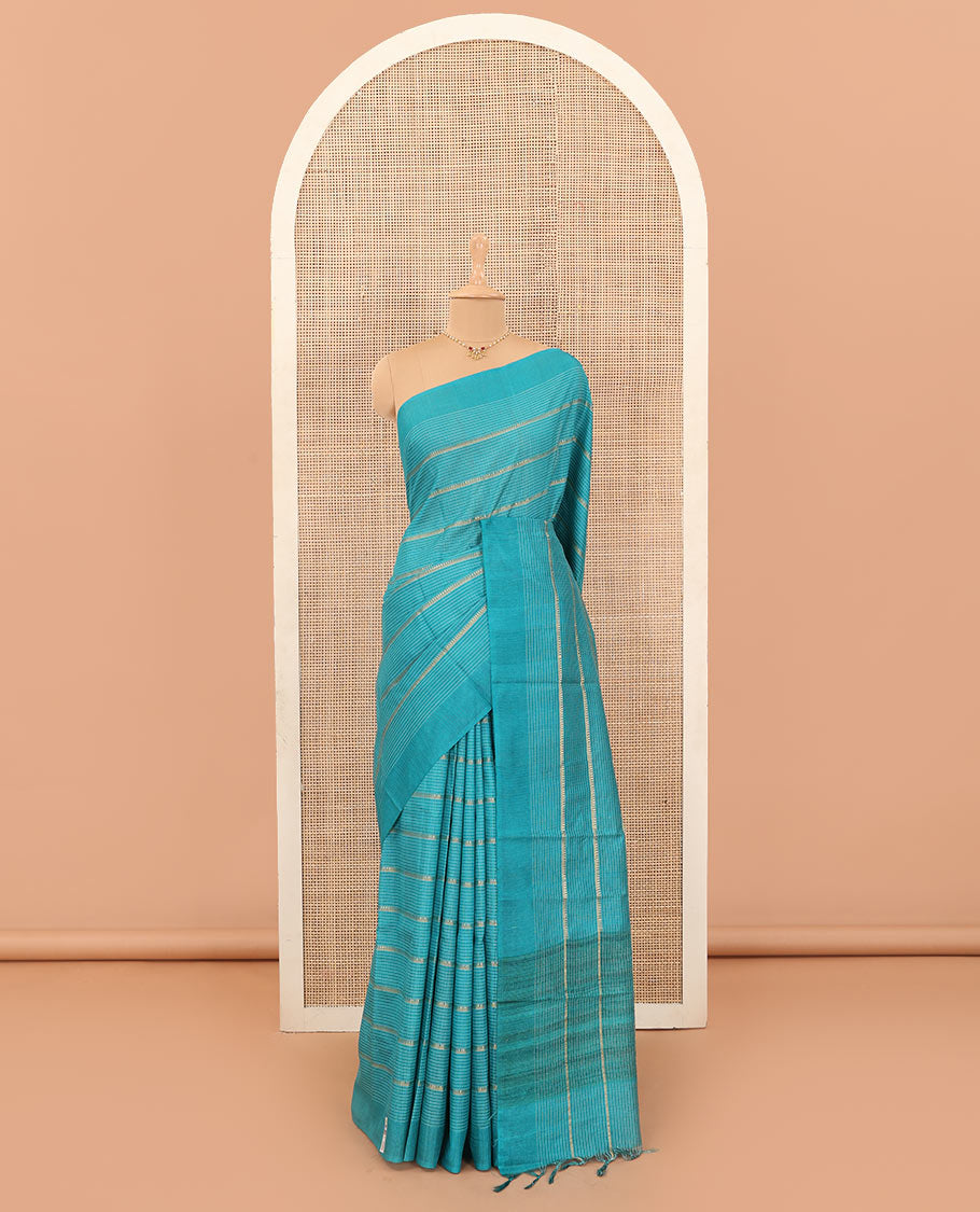 Blue micro-checked with zari design tussar silk saree, self-border, and striped pallu