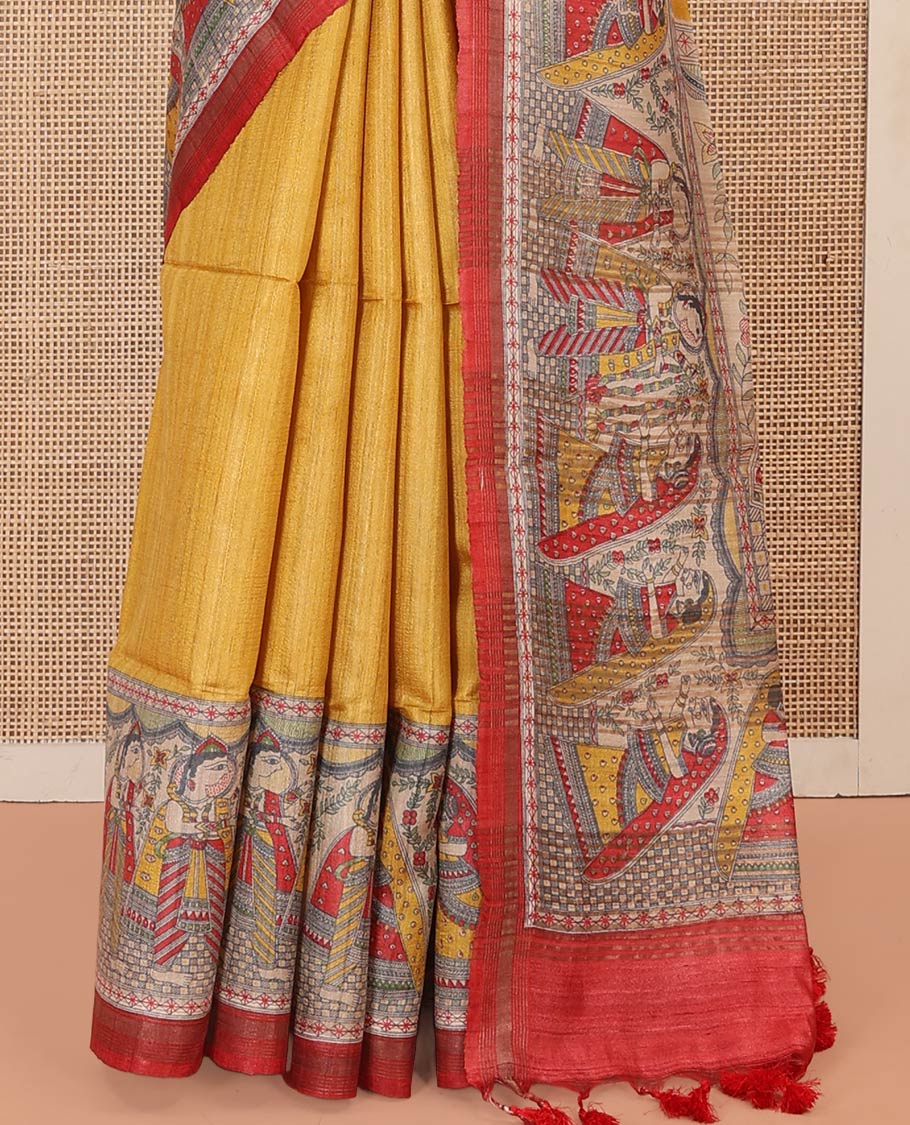 Yellow Plain Tussar Silk Saree, Artfully Decked Up with a Contrast Border of Madhubani-Style Human Motifs, Pallu Featuring Madhubani Motifs Print, and Paired with a Contrast Blouse