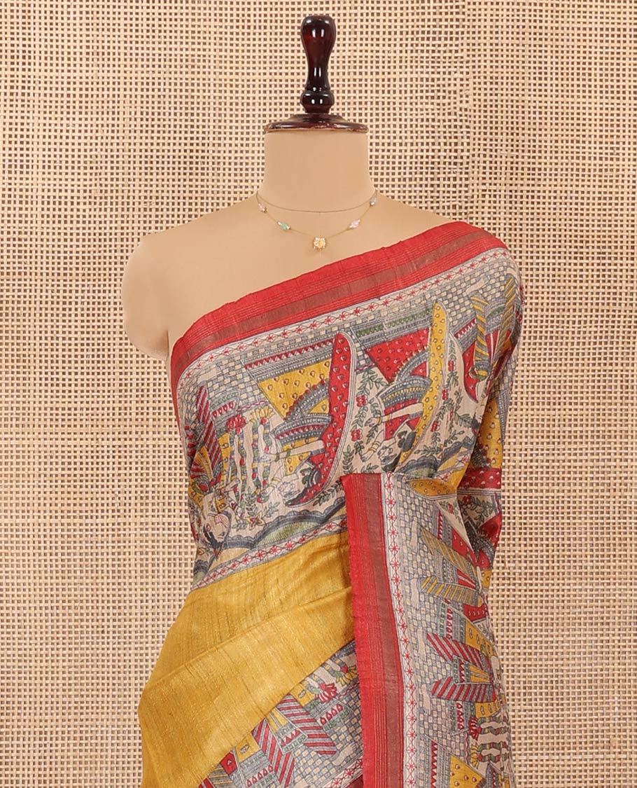 Yellow Plain Tussar Silk Saree, Artfully Decked Up with a Contrast Border of Madhubani-Style Human Motifs, Pallu Featuring Madhubani Motifs Print, and Paired with a Contrast Blouse