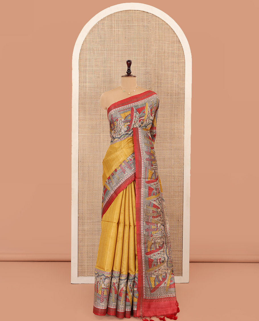 Yellow Plain Tussar Silk Saree, Artfully Decked Up with a Contrast Border of Madhubani-Style Human Motifs, Pallu Featuring Madhubani Motifs Print, and Paired with a Contrast Blouse