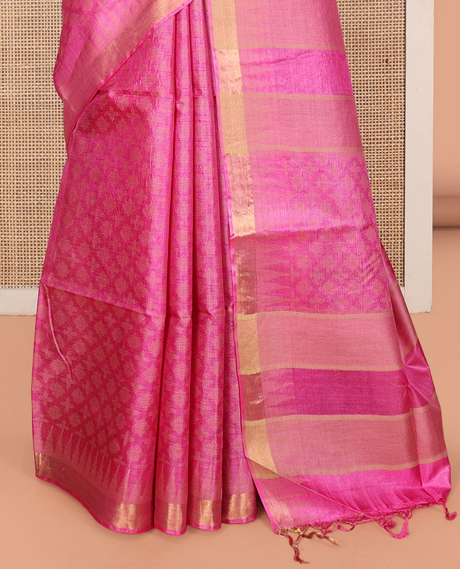 Pink Sparsely Textured Tussar Silk Saree, a Subtle Piping Border, a Self-Pallu, and a Matching Blouse