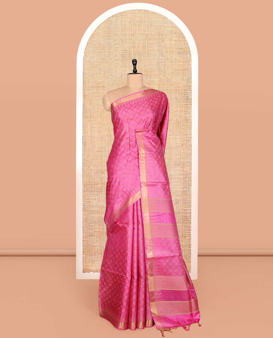 Pink Sparsely Textured Tussar Silk Saree, a Subtle Piping Border, a Self-Pallu, and a Matching Blouse
