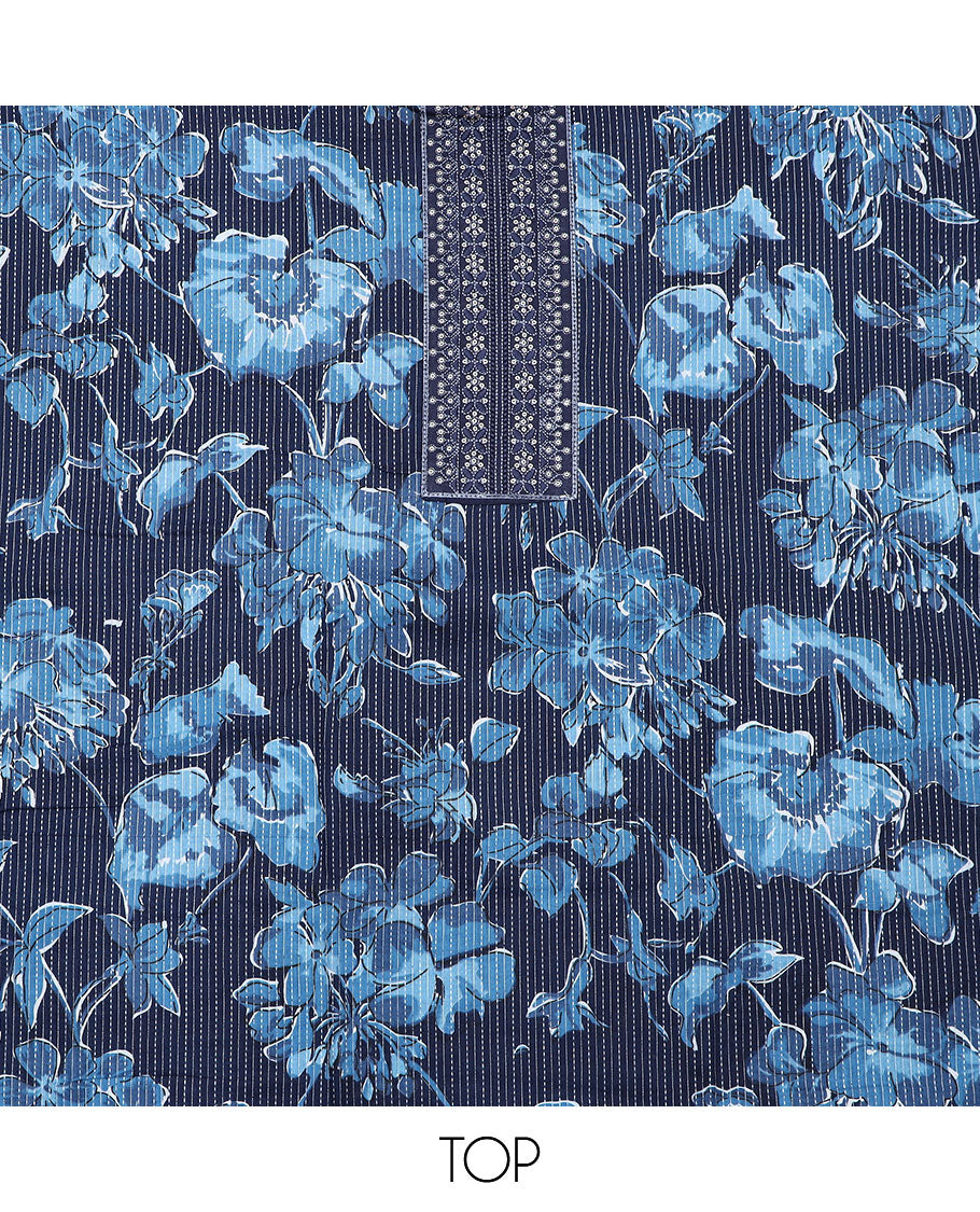 Blue material churidar set, floral print and neck embroidered top, plain bottom, and a floral embroidered dupatta