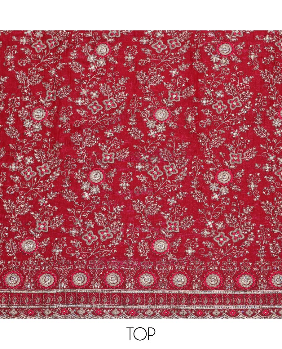 Red material chudidar set, floral jaal heavy embroidered top, plain bottom and sequins embroidered scallop duppata