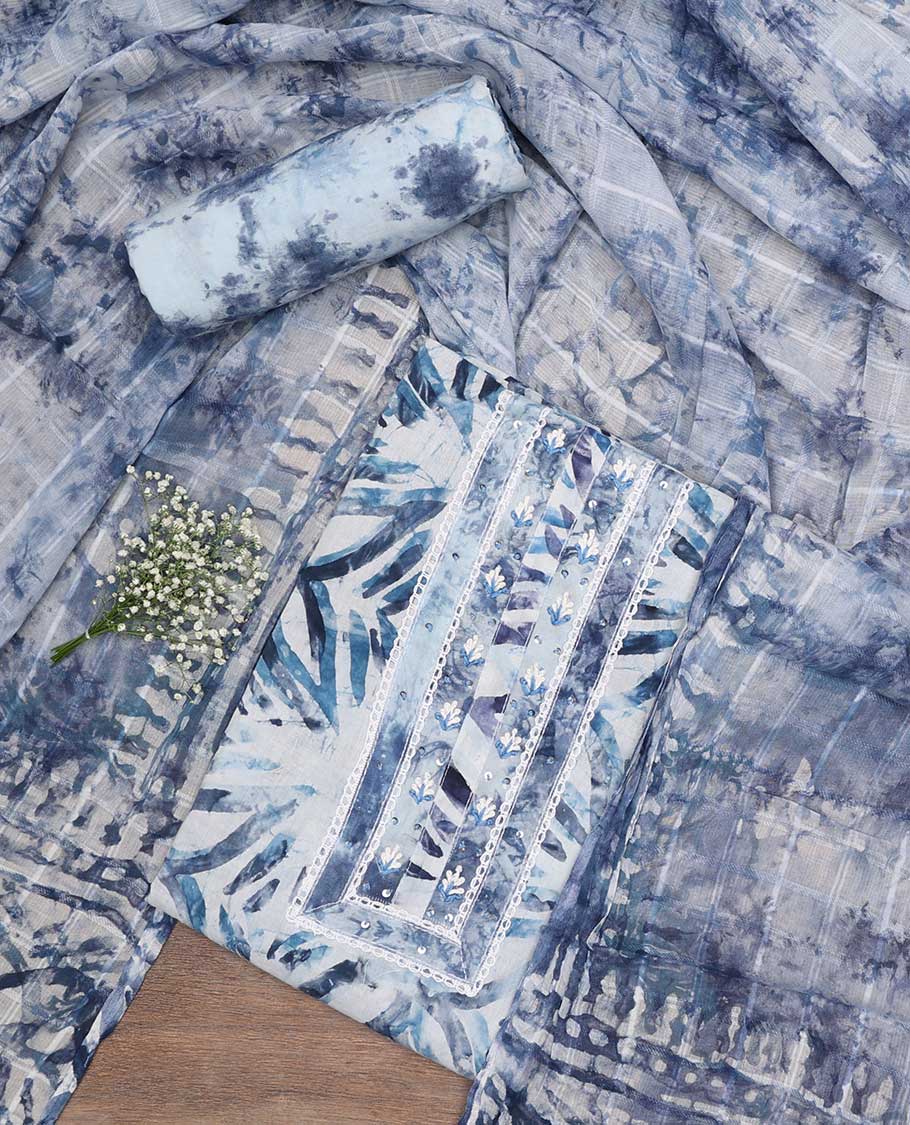 Light blue chudidhar material set batik print top, plain bottom & batik print dupatta