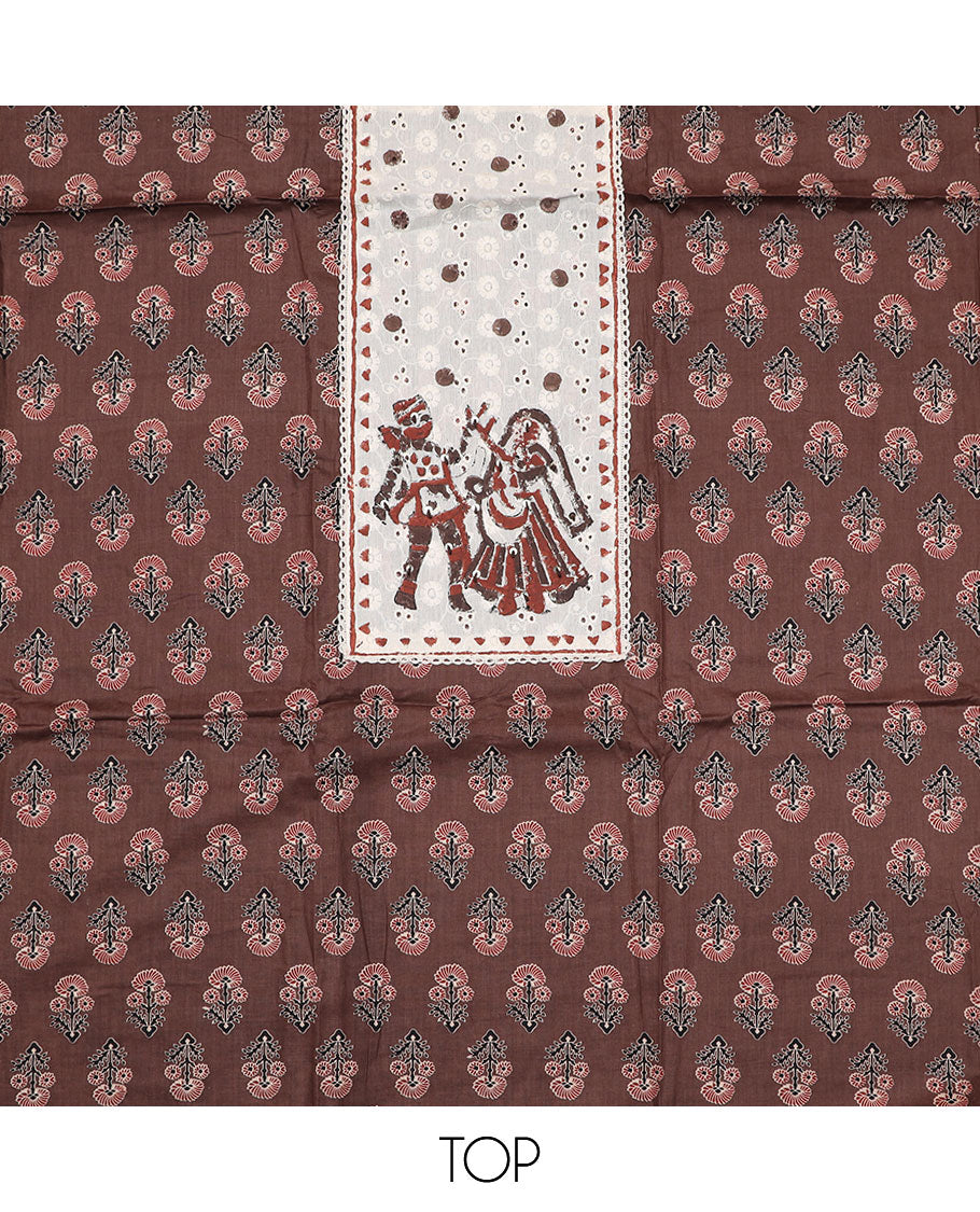 Brown material chudidar set, Ajrakh floral motifs with neck patch embroidered top, plain bottom and contrast thread geometric patterns woven dupatta