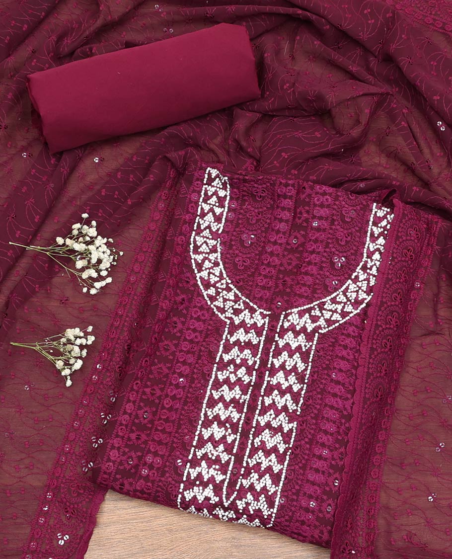 Wine Material Chudidar Set, Delicately Woven with Chikankari-style Thread Embroidered and Neck Stone Work Georgette Top, a Plain Santoon Bottom, and Paired with Embroidered Georgette Dupatta
