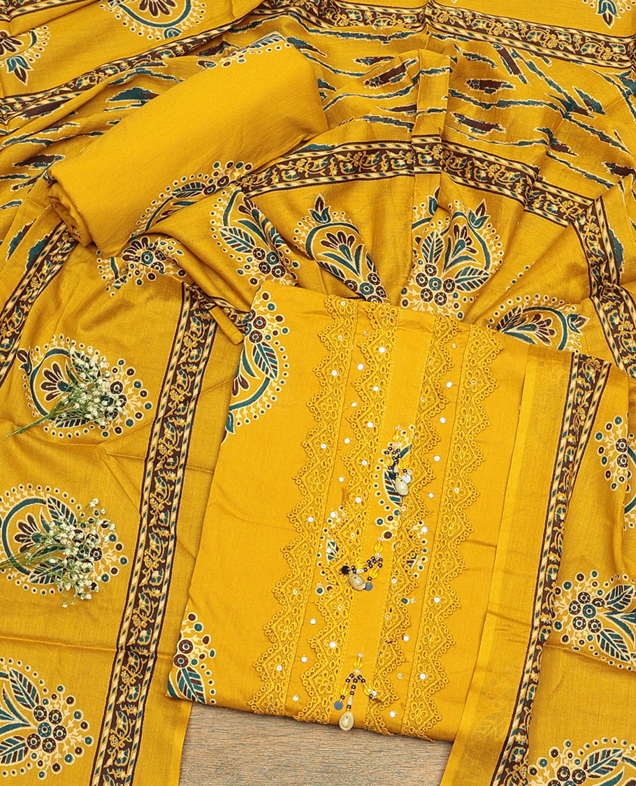 Yellow Cotton Material Churidar Set, Embellished with Unique Motifs and Neck Embroidered Top, Matching Bottom, and Printed Dupatta
