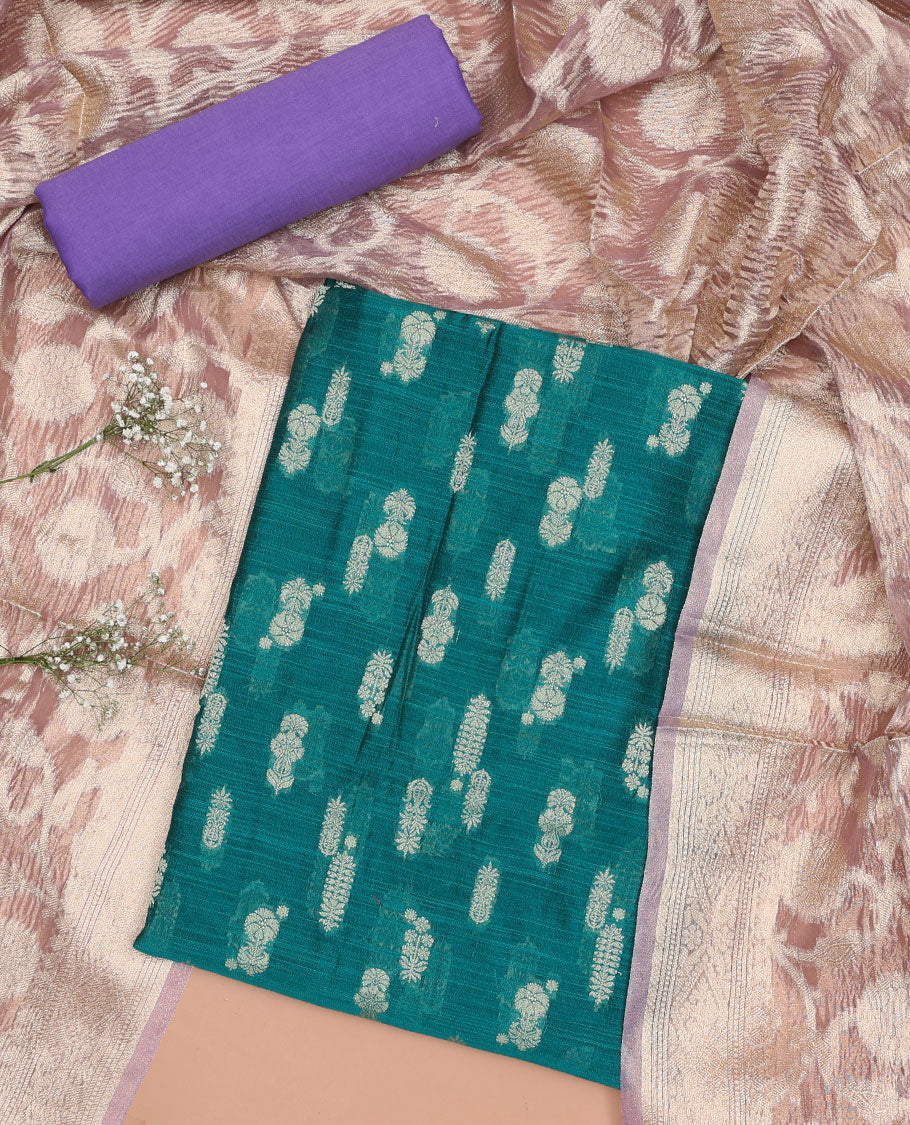 Blue chududhar material set , floral motifs top, lavender plain bottom & floral vine zari design dupatta