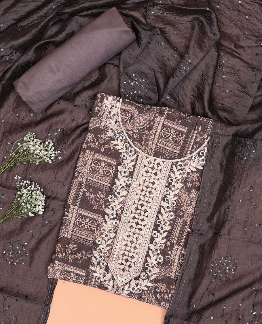 Black chudidhar material set floral thread embroidered top with plain bottom & sequins embroidered dupatta
