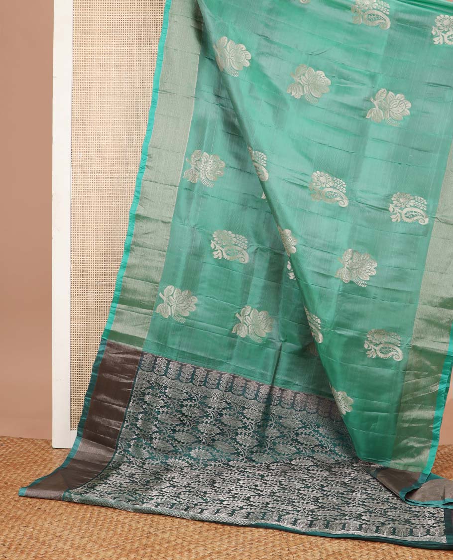 Sea green motifs uppada silk saree with self zari border & floral design pallu