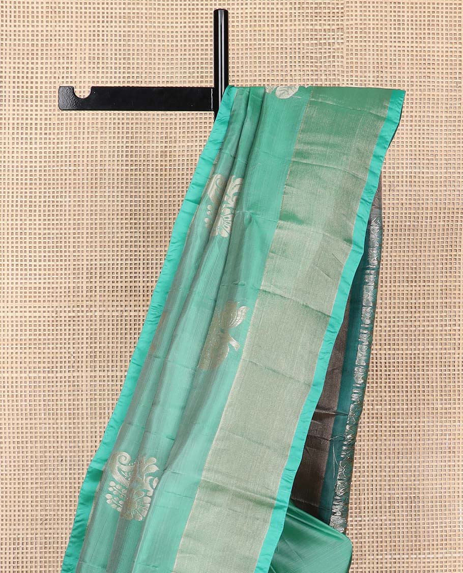 Sea green motifs uppada silk saree with self zari border & floral design pallu
