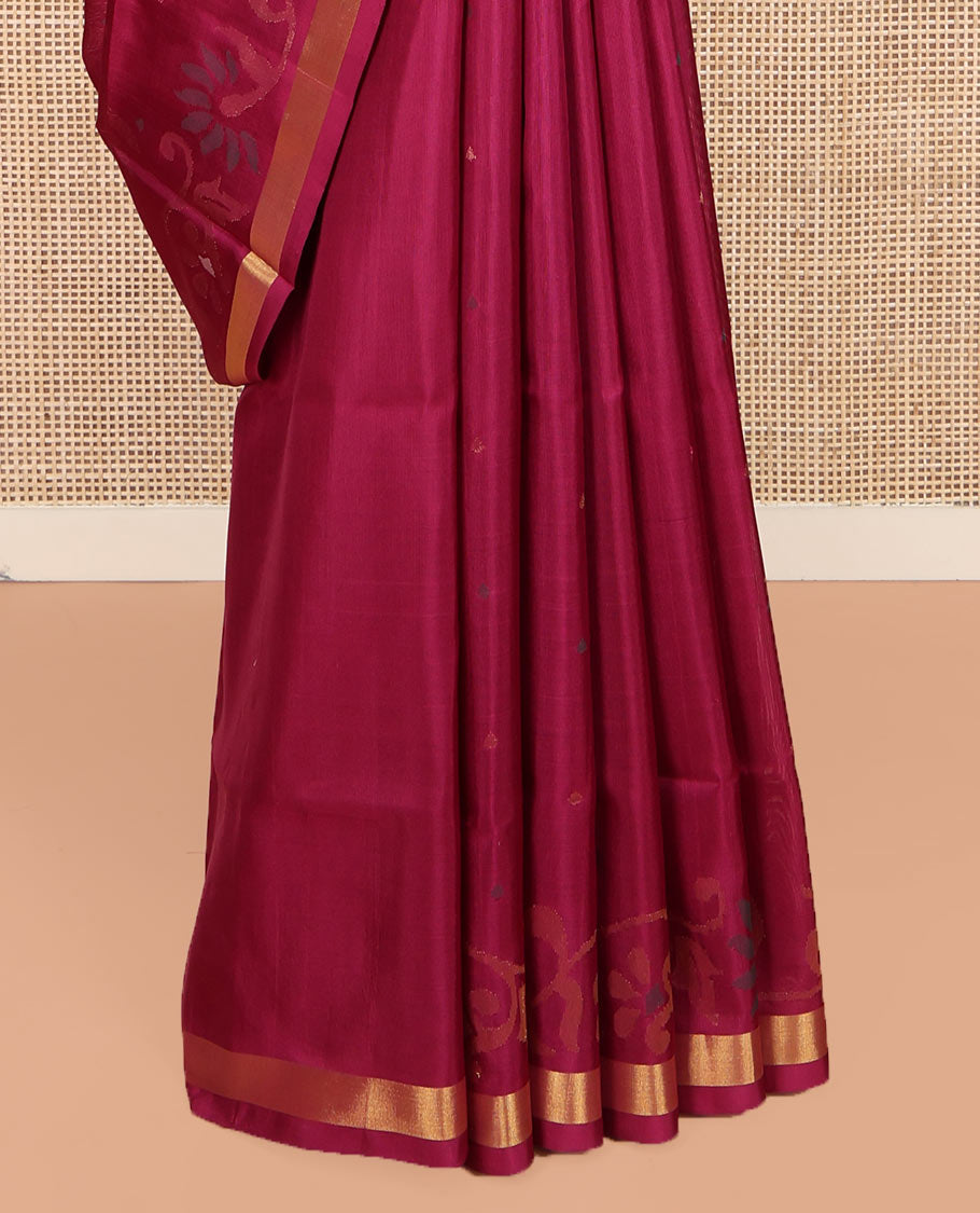 Maroon Uppada Silk Saree, Steeped with Buttas and Jamdani-Style Floral Designs All Over Its Body, Subtle Bavanji Border, Pallu of Jamdani Floral Designs, and Paired with a Matching Blouse