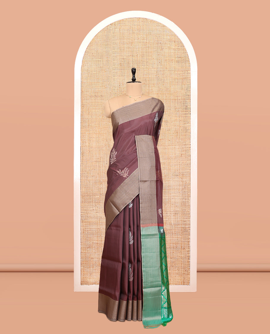 Brown Uppada Saree, Decorated with Floral Buttas, a Bavanji Border, Contrast Intricate Pallu, and a Contrast Blouse