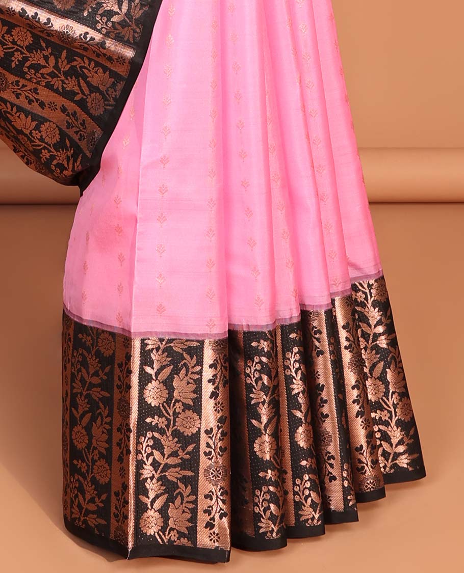 Pink floral design vasundhara elite silk saree with contrast floral zari design border & striped zari design pallu
